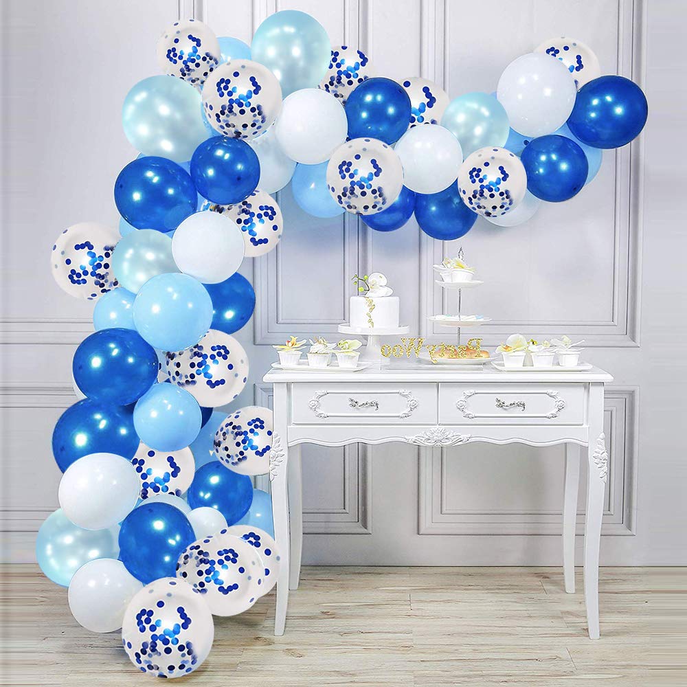Hiquaty Royal Blue Confetti Latex Balloons, 50pcs – 12 inch Light Blue, Baby Blue & White Party Decor