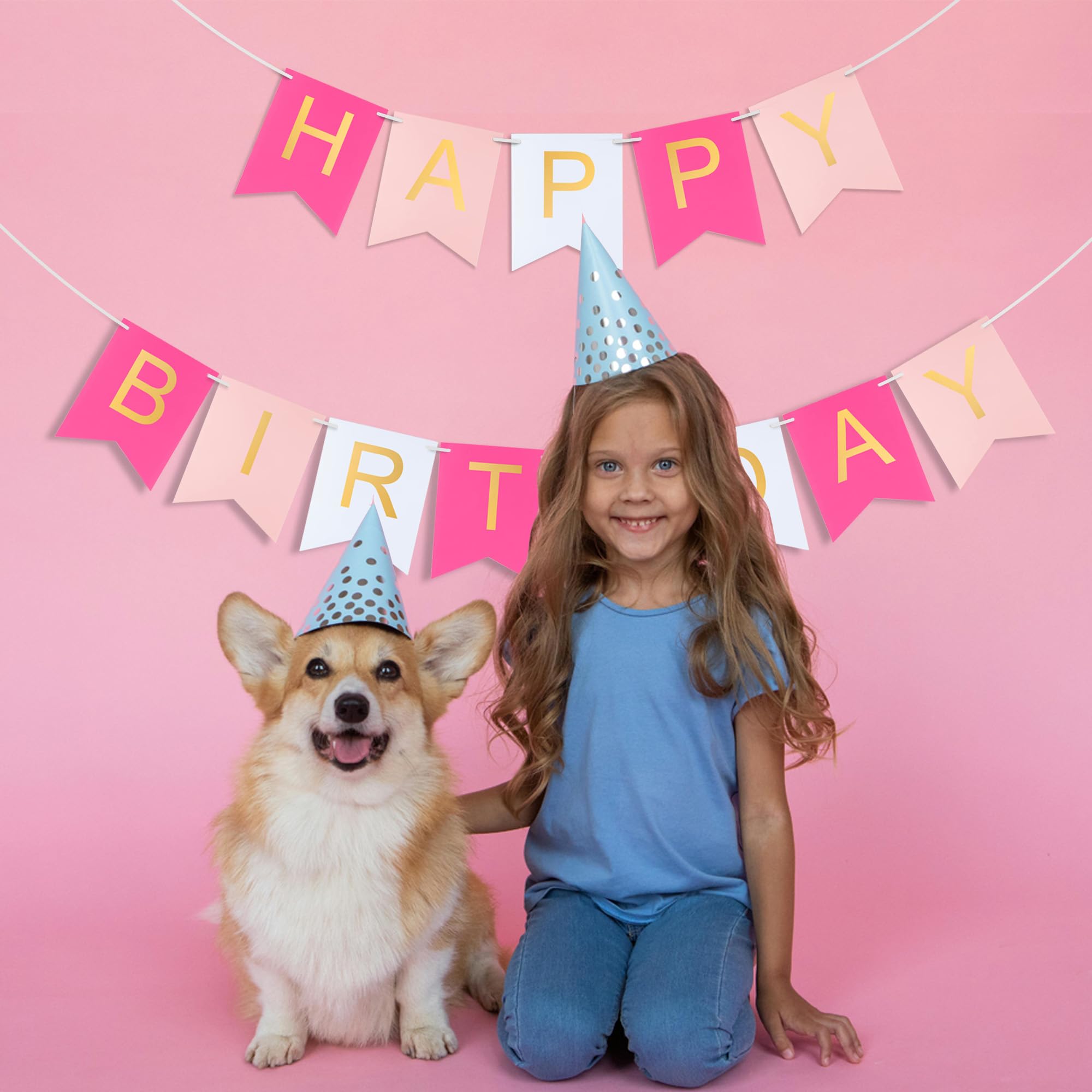 Hirbisnis Pink Happy Birthday Banner - Roseo Pink & White with Gold Letters | 13-Piece Decor