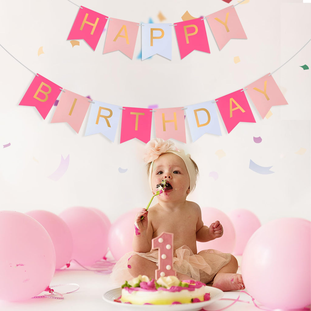 Hirbisnis Pink Happy Birthday Banner - Roseo Pink & White with Gold Letters | 13-Piece Decor