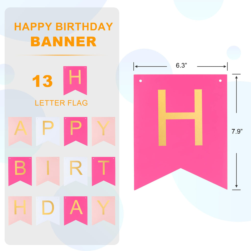 Hirbisnis Pink Happy Birthday Banner - Roseo Pink & White with Gold Letters | 13-Piece Decor