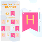 Hirbisnis Pink Happy Birthday Banner - Roseo Pink & White with Gold Letters | 13-Piece Decor