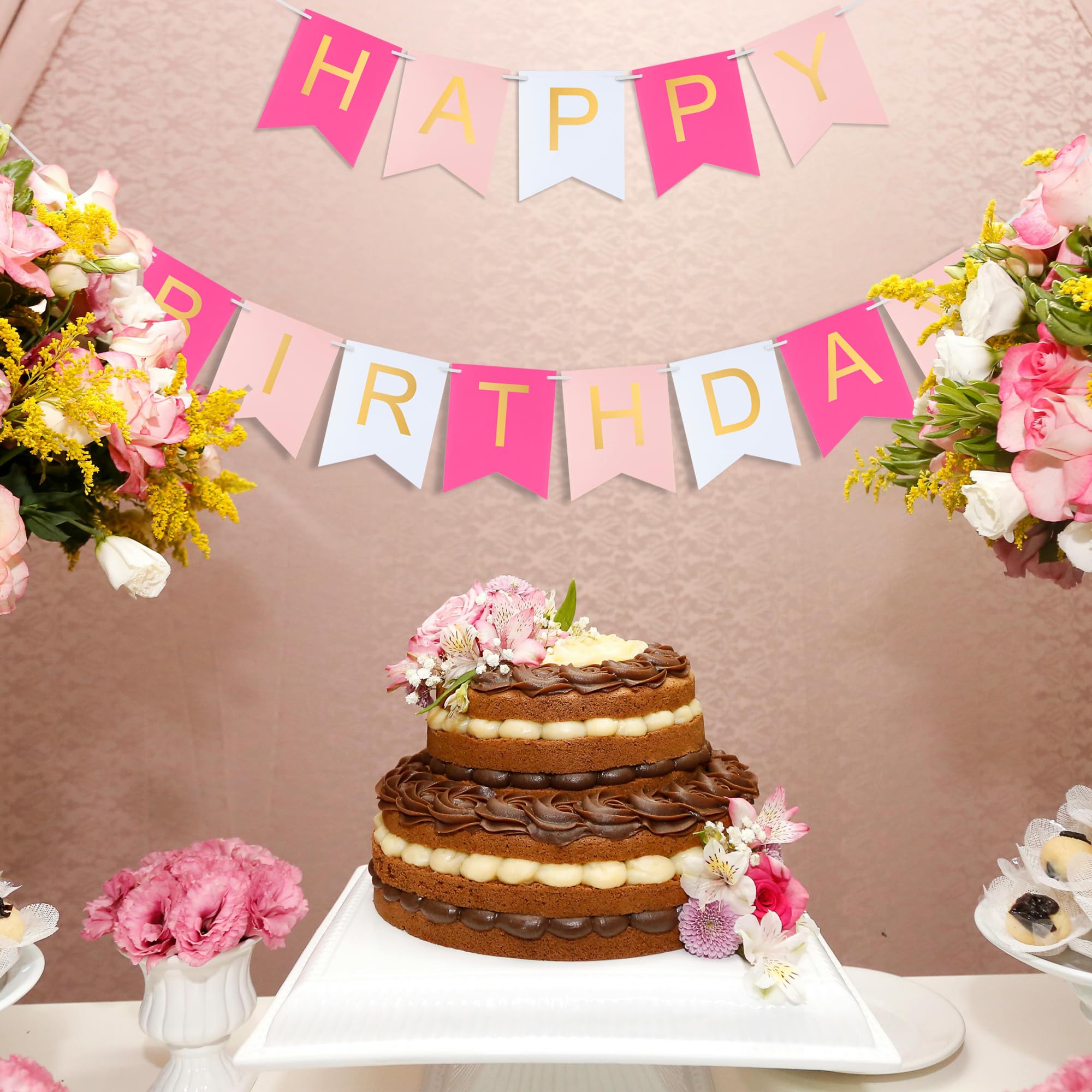 Hirbisnis Pink Happy Birthday Banner - Roseo Pink & White with Gold Letters | 13-Piece Decor
