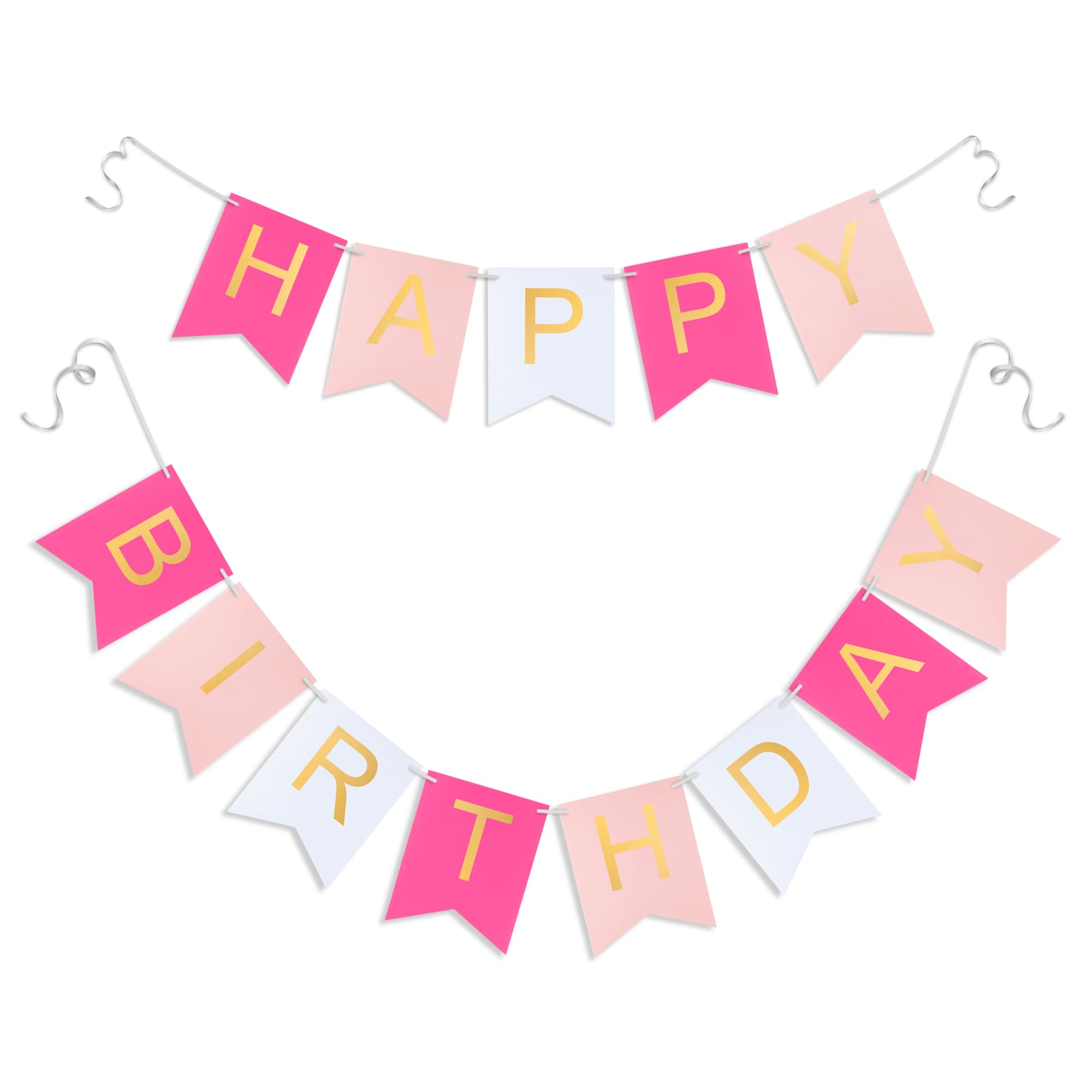 Hirbisnis Pink Happy Birthday Banner - Roseo Pink & White with Gold Letters | 13-Piece Decor