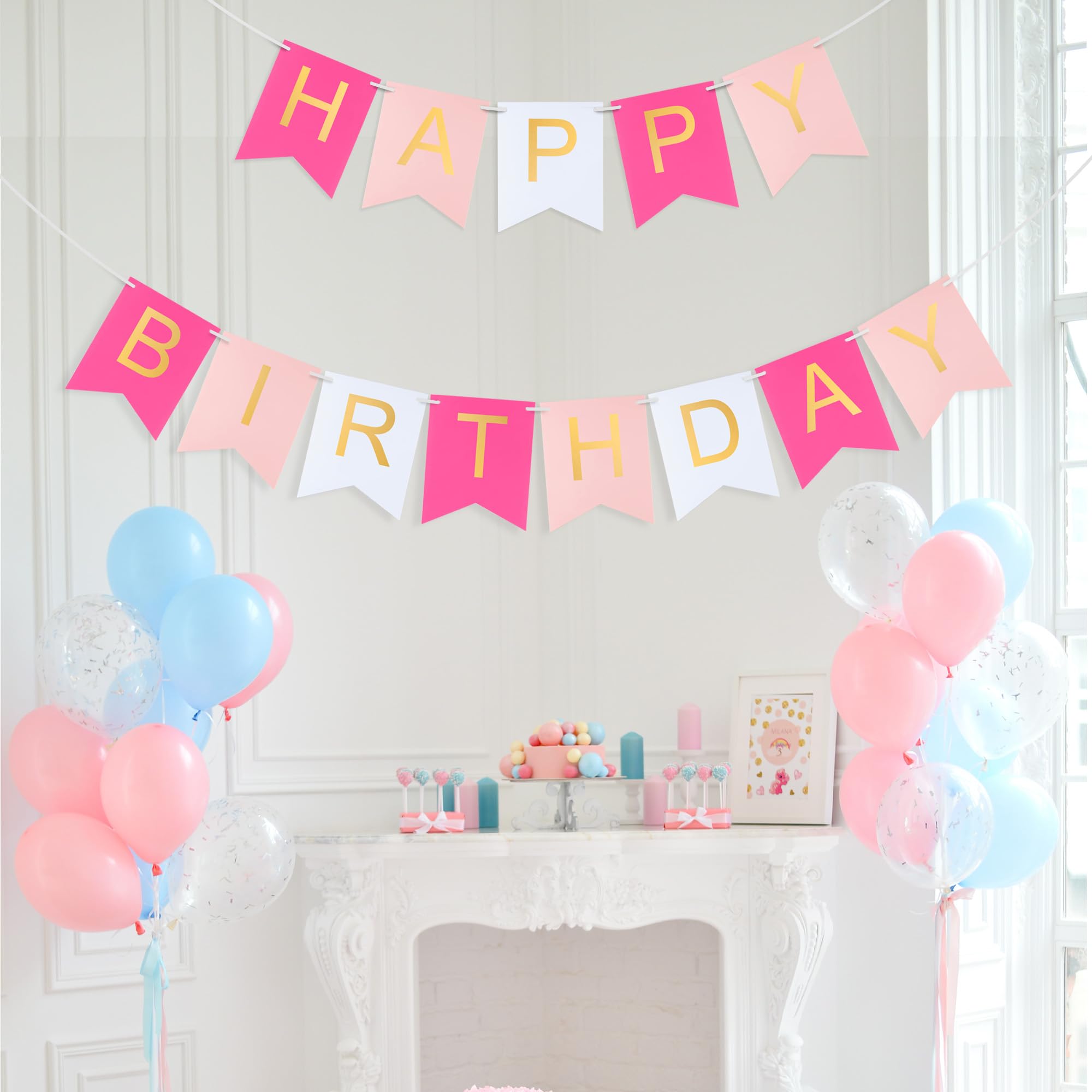 Hirbisnis Pink Happy Birthday Banner - Roseo Pink & White with Gold Letters | 13-Piece Decor
