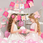 Hirbisnis Pink Happy Birthday Banner - Roseo Pink & White with Gold Letters | 13-Piece Decor