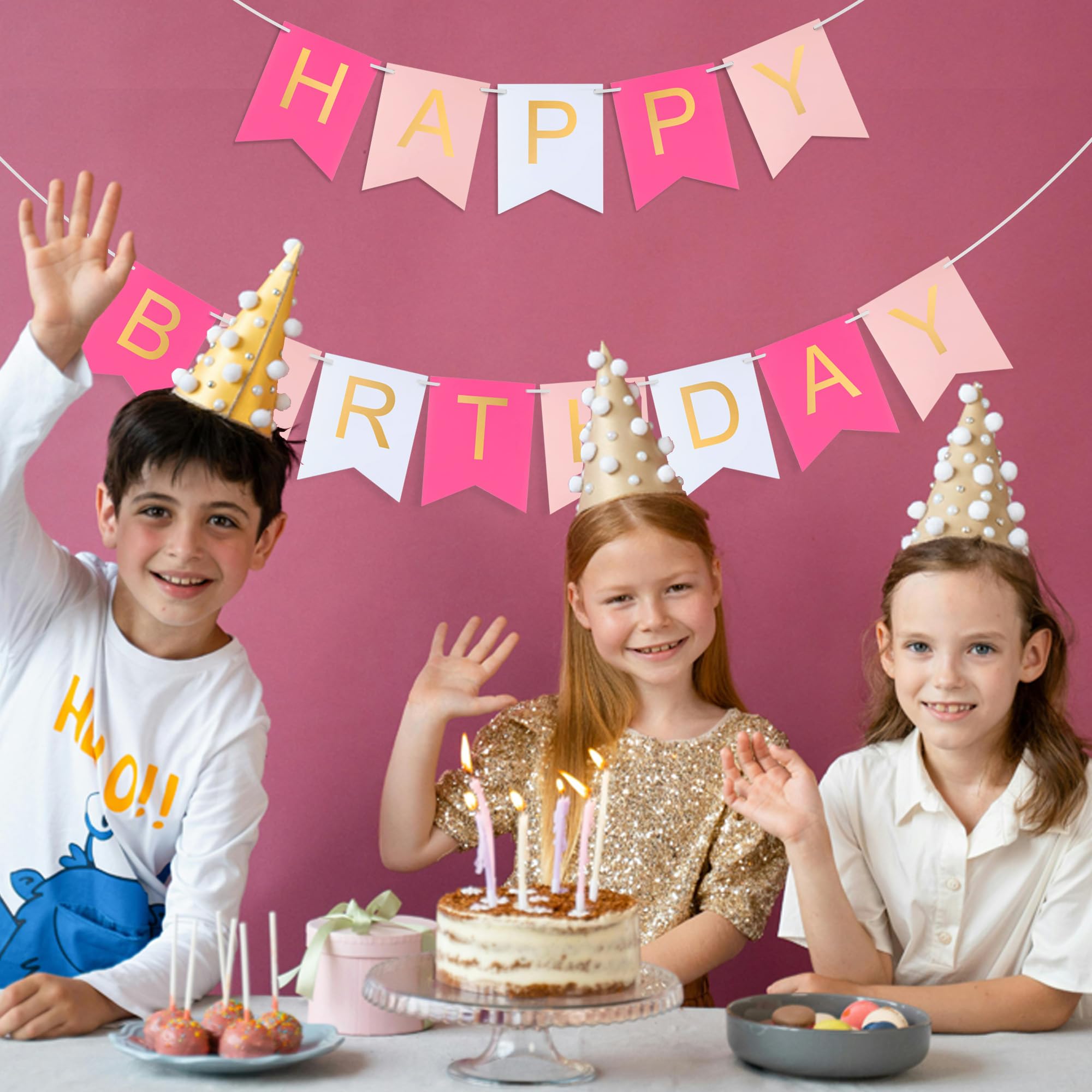 Hirbisnis Pink Happy Birthday Banner - Roseo Pink & White with Gold Letters | 13-Piece Decor