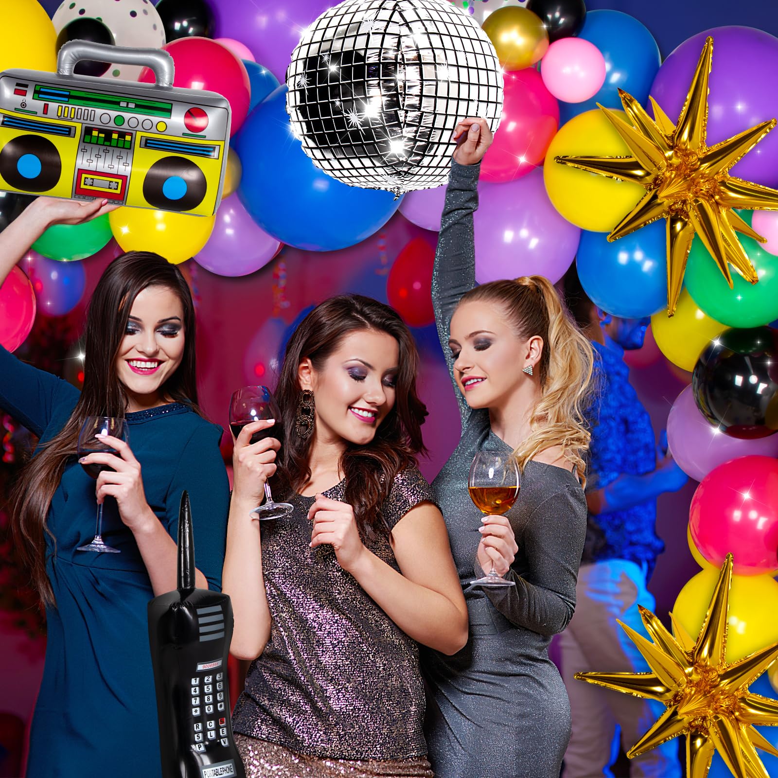 HJINGY 80s Party Decorations Kit – Inflatable Boombox, Mobile Phone & Back to the 80s Backdrop