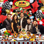 HJINGY 198 PCS Casino Theme Party Decorations – Las Vegas Birthday Balloons, Backdrop, and Tableware