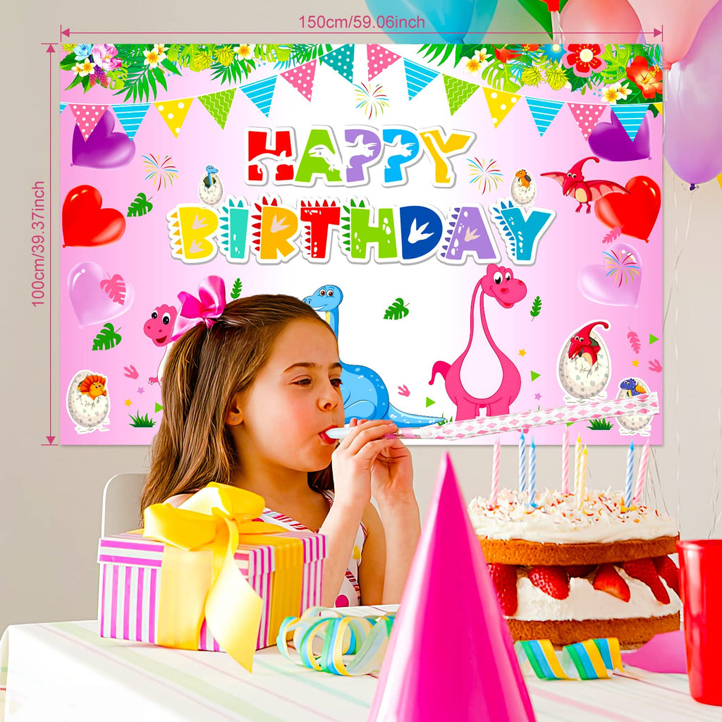 HJINGY 194-Piece Pink Dinosaur Party Decorations for Girls – Balloons, Backdrop & Tableware