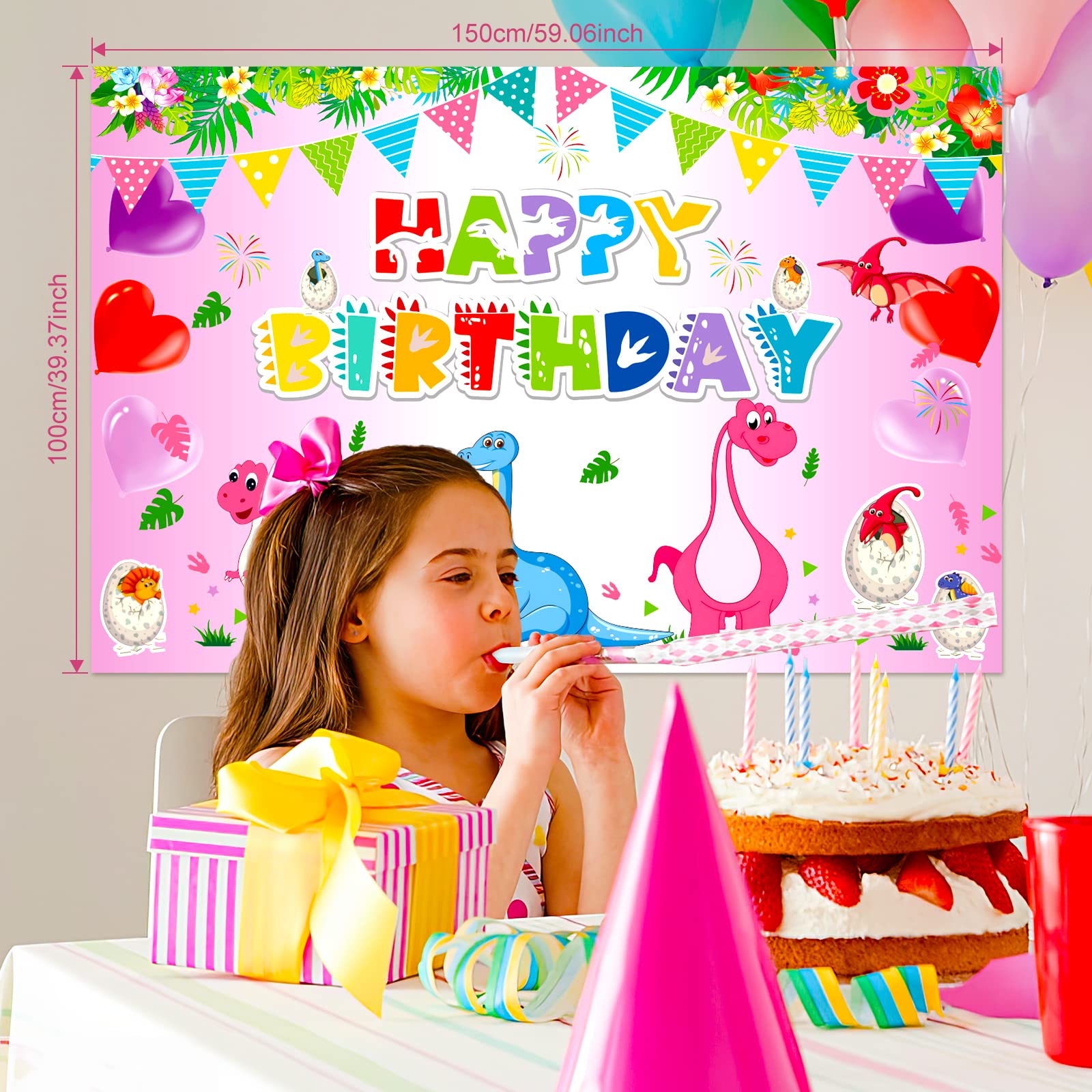 HJINGY 194-Piece Pink Dinosaur Party Decorations for Girls – Balloons, Backdrop & Tableware