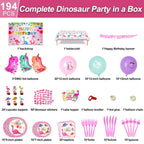 HJINGY 194-Piece Pink Dinosaur Party Decorations for Girls – Balloons, Backdrop & Tableware