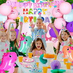 HJINGY 194-Piece Pink Dinosaur Party Decorations for Girls – Balloons, Backdrop & Tableware