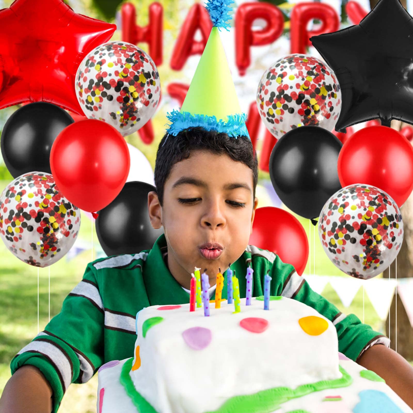 HMLOGZ Birthday Decorations Kit - Black and Red Balloons, Banner & Fringe Curtain