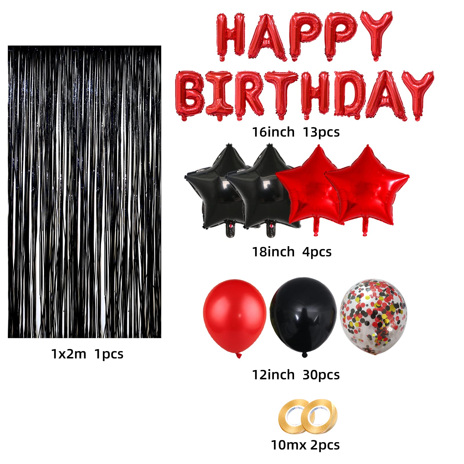 HMLOGZ Birthday Decorations Kit - Black and Red Balloons, Banner & Fringe Curtain