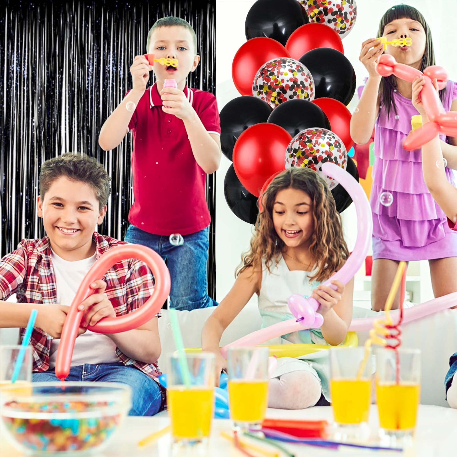 HMLOGZ Birthday Decorations Kit - Black and Red Balloons, Banner & Fringe Curtain