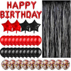 HMLOGZ Birthday Decorations Kit - Black and Red Balloons, Banner & Fringe Curtain