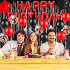 HMLOGZ Birthday Decorations Kit - Black and Red Balloons, Banner & Fringe Curtain