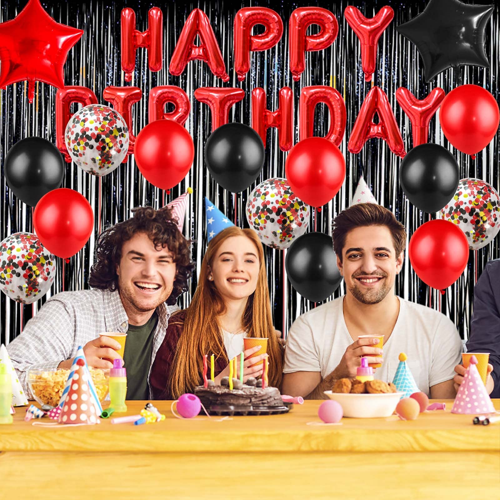HMLOGZ Birthday Decorations Kit - Black and Red Balloons, Banner & Fringe Curtain