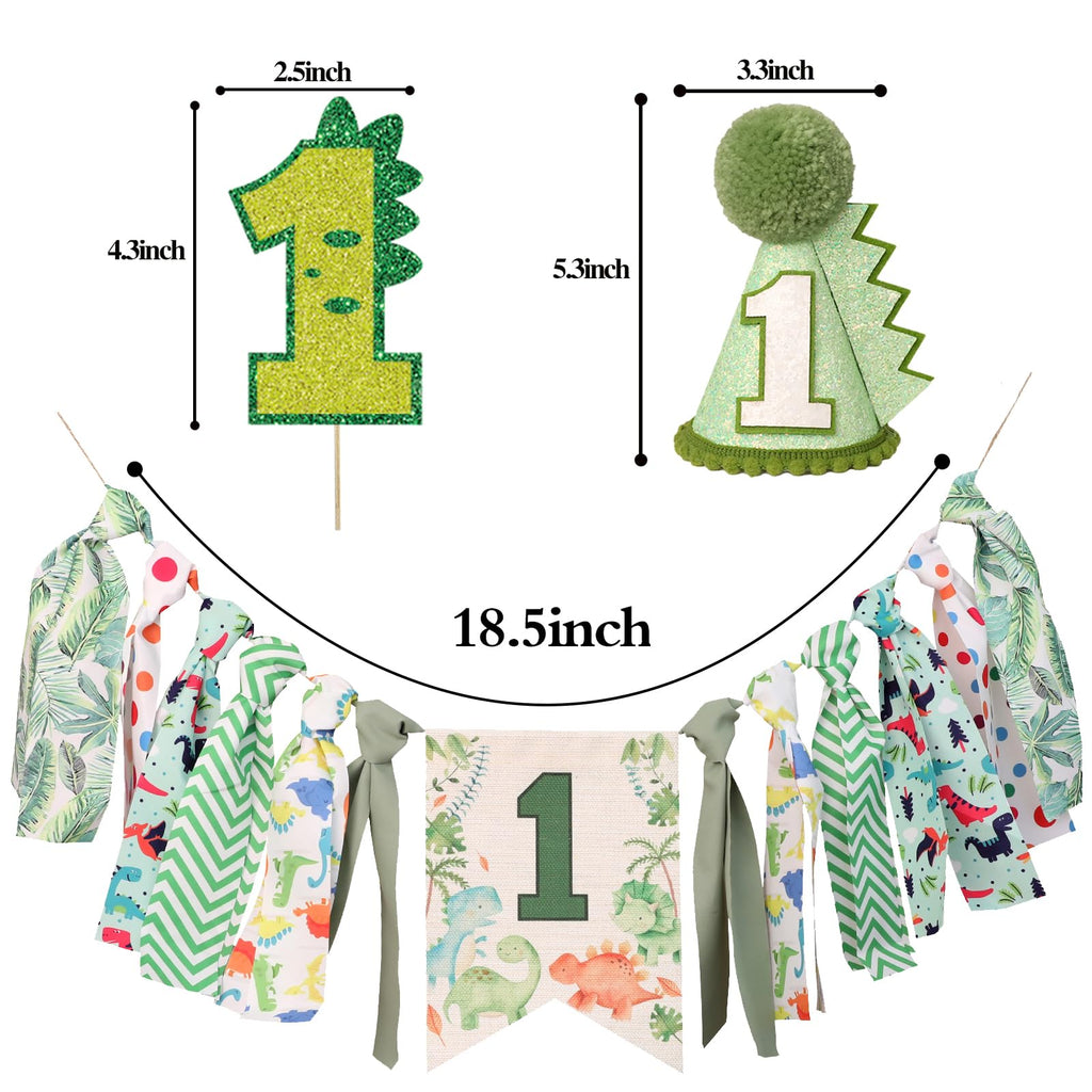 HODIHIWI Dinosaur Theme 1st Highchair Banner — Green Tassel Garland, Hat & Cake Topper