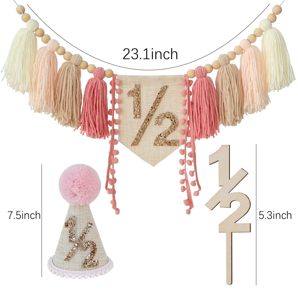 HODIHIWI 1/2 Pink Baby Girl Birthday Highchair Banner, Conical Hat & Wooden Cake Topper