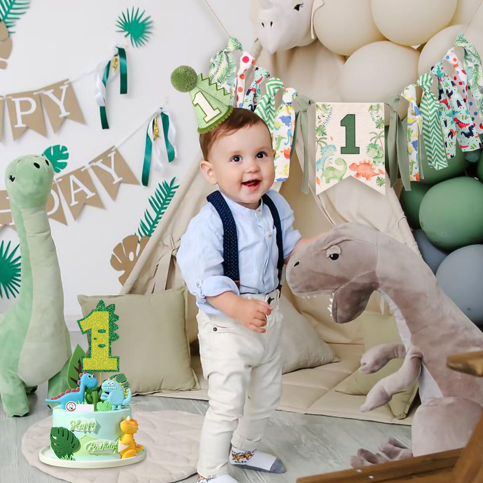 HODIHIWI Dinosaur Theme 1st Highchair Banner — Green Tassel Garland, Hat & Cake Topper
