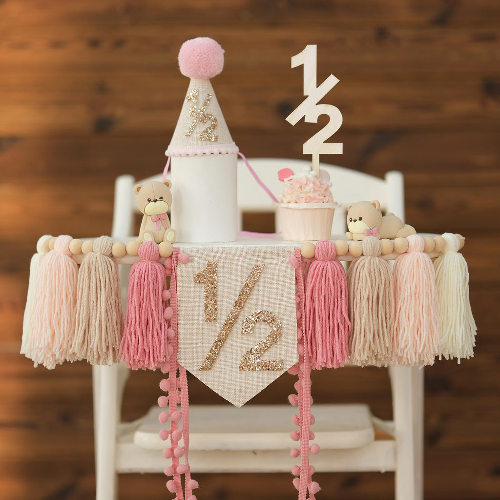 HODIHIWI 1/2 Pink Baby Girl Birthday Highchair Banner, Conical Hat & Wooden Cake Topper