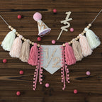 HODIHIWI 1/2 Pink Baby Girl Birthday Highchair Banner, Conical Hat & Wooden Cake Topper