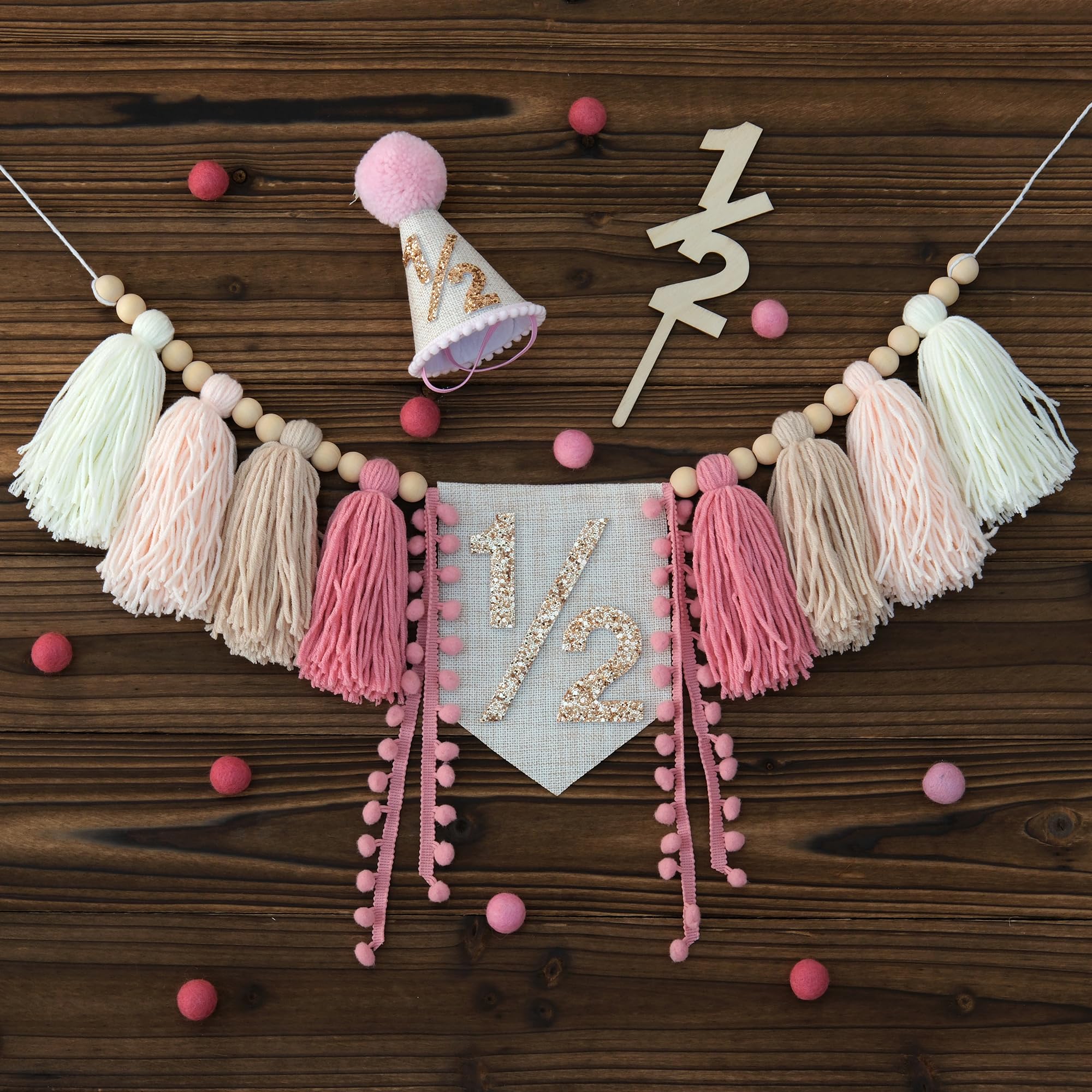 HODIHIWI 1/2 Pink Baby Girl Birthday Highchair Banner, Conical Hat & Wooden Cake Topper