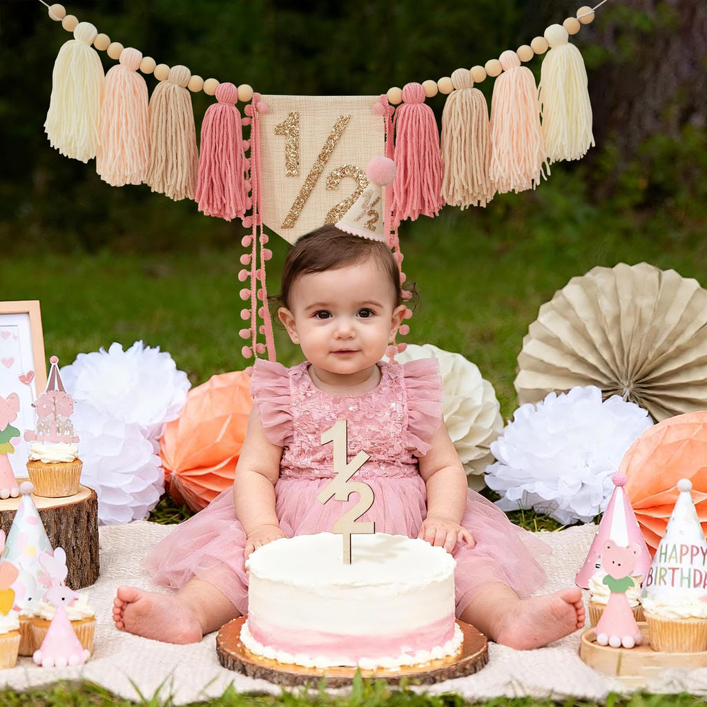 HODIHIWI 1/2 Pink Baby Girl Birthday Highchair Banner, Conical Hat & Wooden Cake Topper