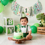 HODIHIWI Dinosaur Theme 1st Highchair Banner — Green Tassel Garland, Hat & Cake Topper