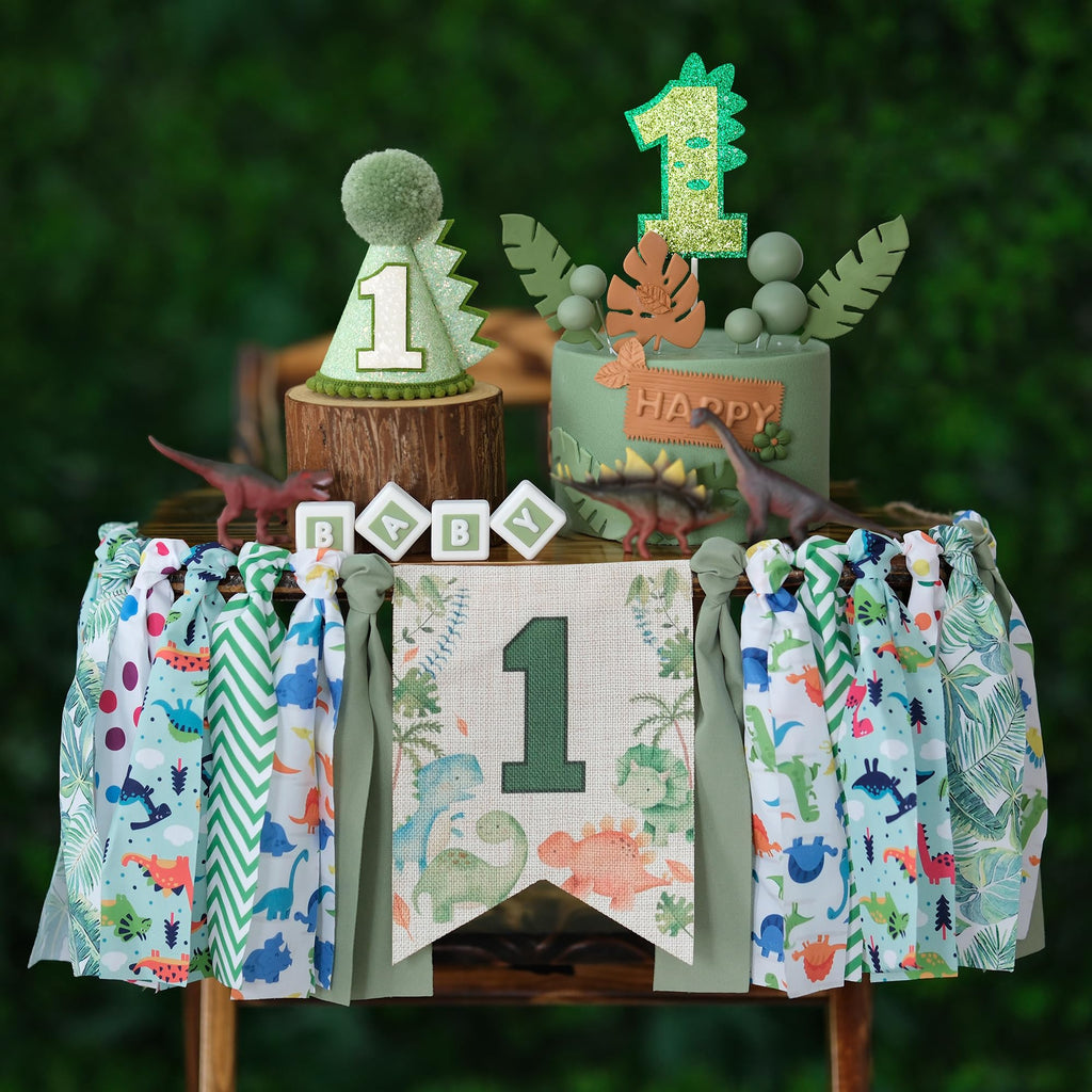 HODIHIWI Dinosaur Theme 1st Highchair Banner — Green Tassel Garland, Hat & Cake Topper