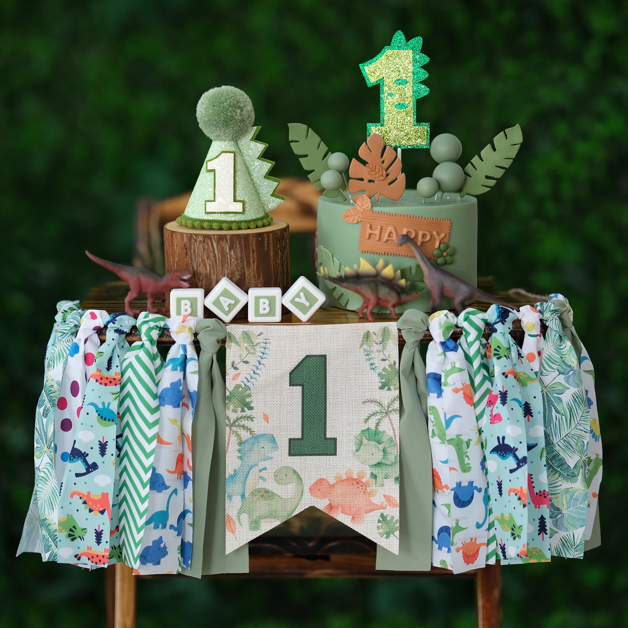 HODIHIWI Dinosaur Theme 1st Highchair Banner — Green Tassel Garland, Hat & Cake Topper