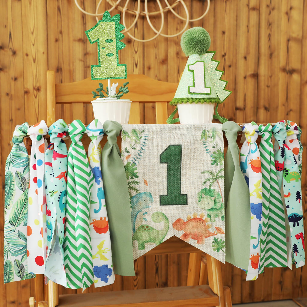 HODIHIWI Dinosaur Theme 1st Highchair Banner — Green Tassel Garland, Hat & Cake Topper