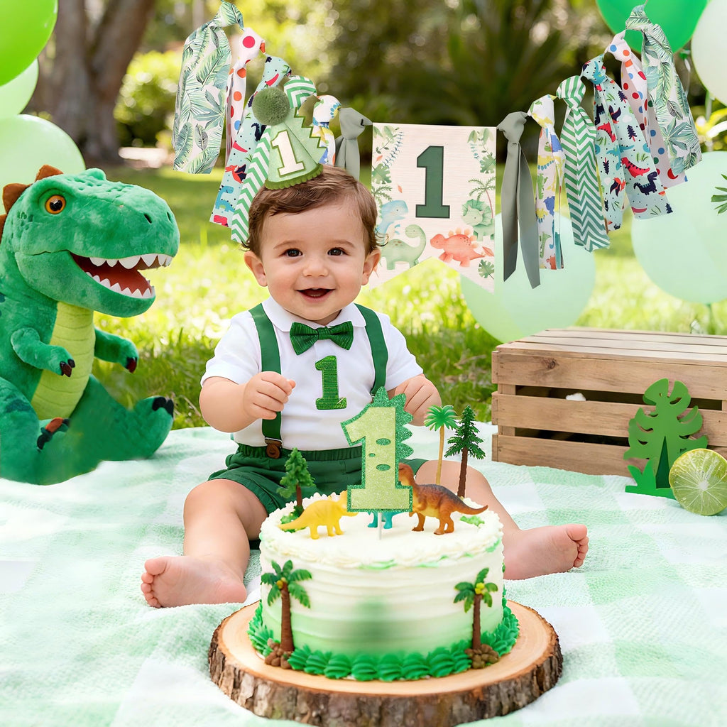 HODIHIWI Dinosaur Theme 1st Highchair Banner — Green Tassel Garland, Hat & Cake Topper