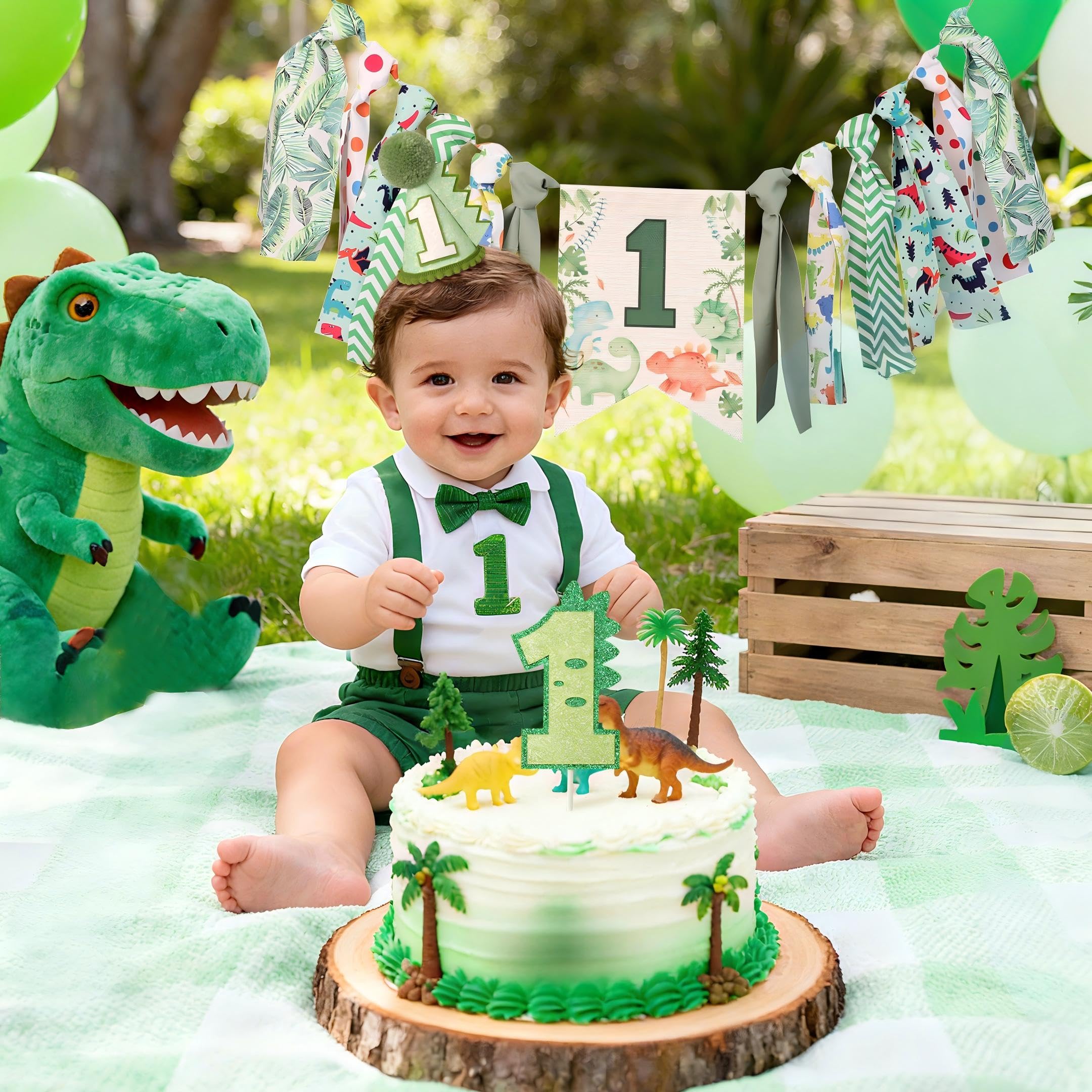 HODIHIWI Dinosaur Theme 1st Highchair Banner — Green Tassel Garland, Hat & Cake Topper