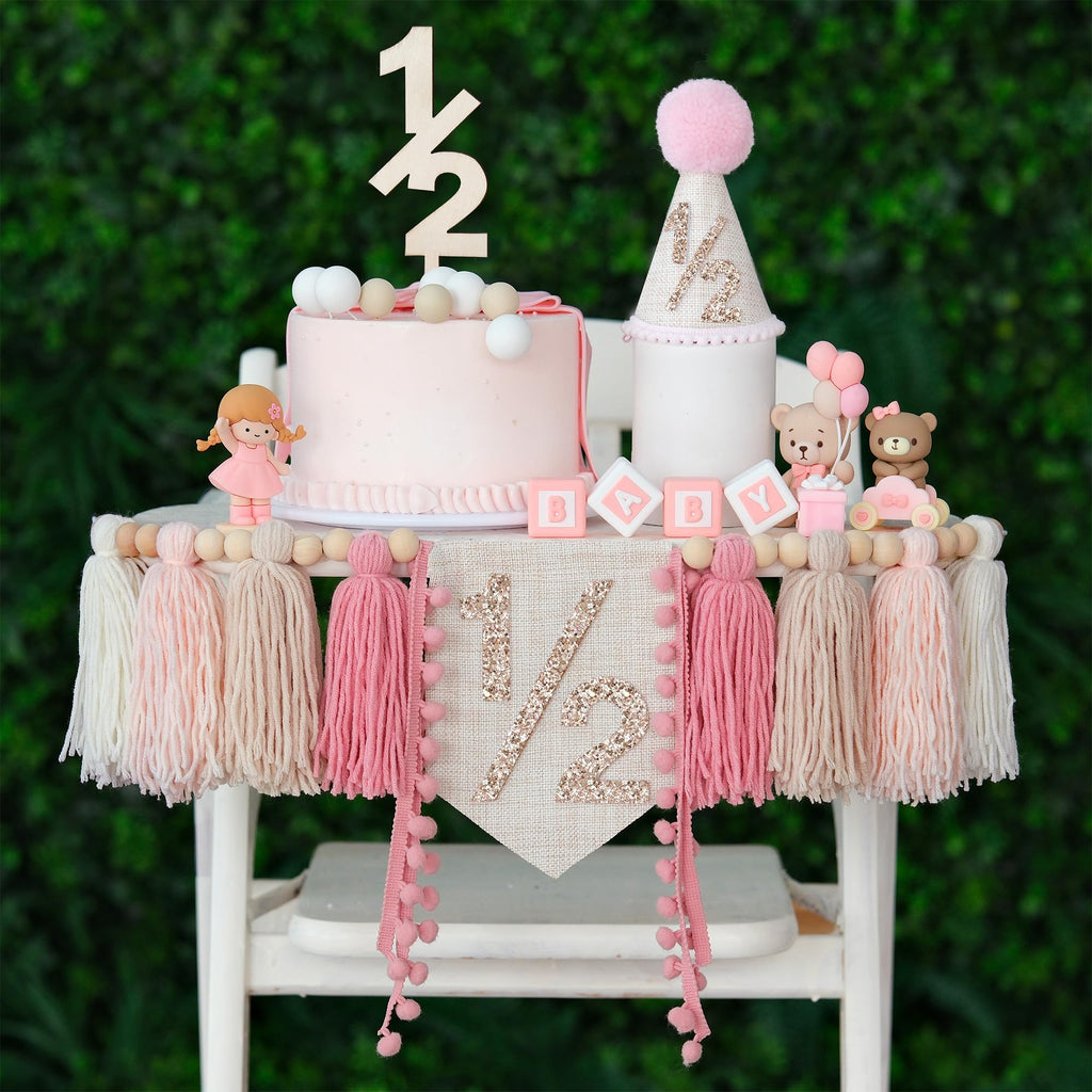 HODIHIWI 1/2 Pink Baby Girl Birthday Highchair Banner, Conical Hat & Wooden Cake Topper