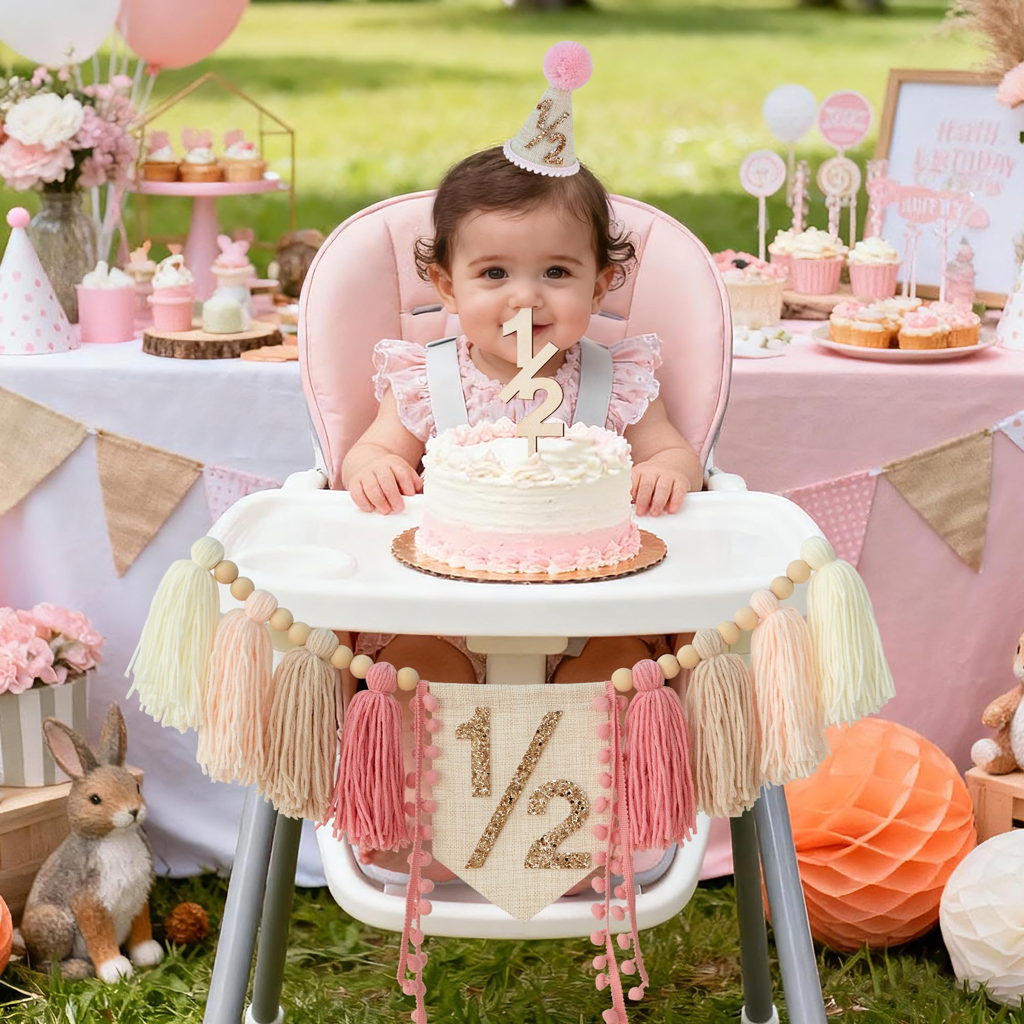 HODIHIWI 1/2 Pink Baby Girl Birthday Highchair Banner, Conical Hat & Wooden Cake Topper