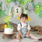 HODIHIWI Dinosaur Theme 1st Highchair Banner — Green Tassel Garland, Hat & Cake Topper