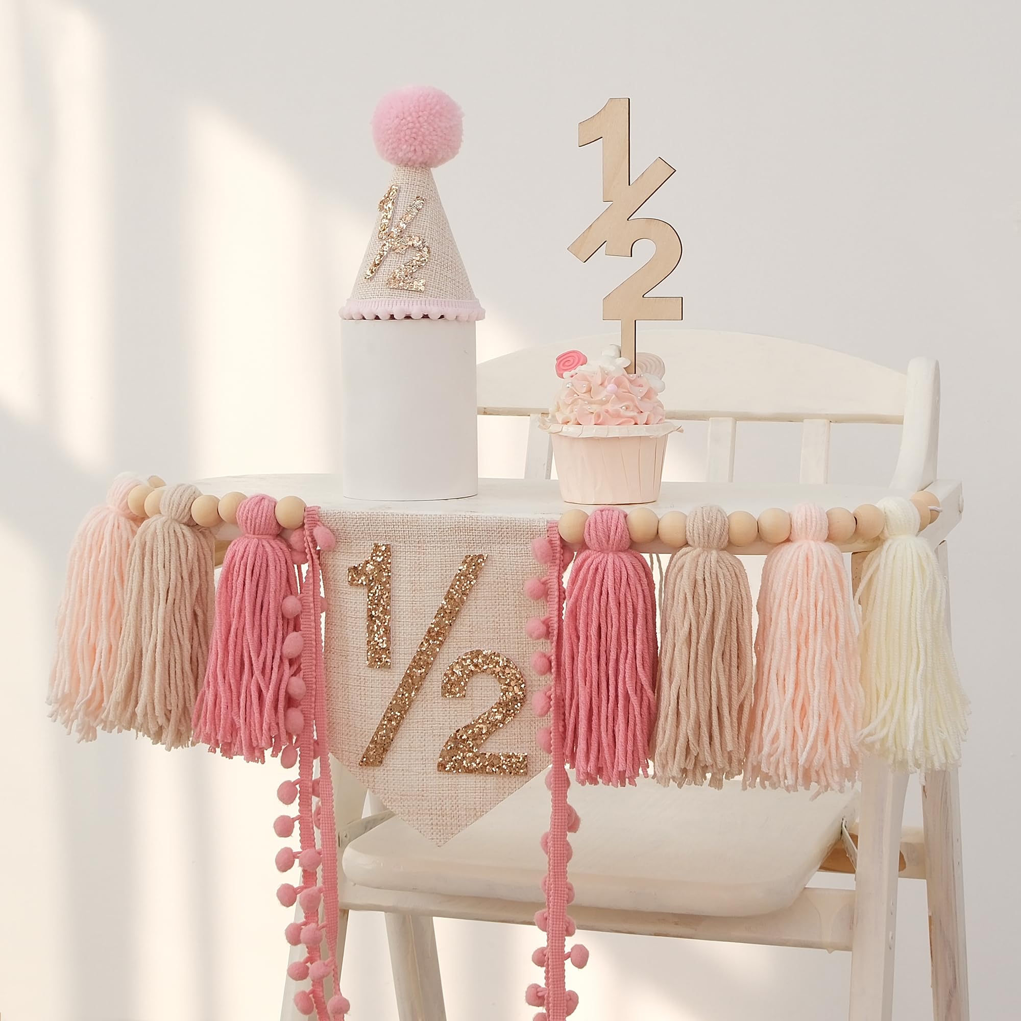 HODIHIWI 1/2 Pink Baby Girl Birthday Highchair Banner, Conical Hat & Wooden Cake Topper