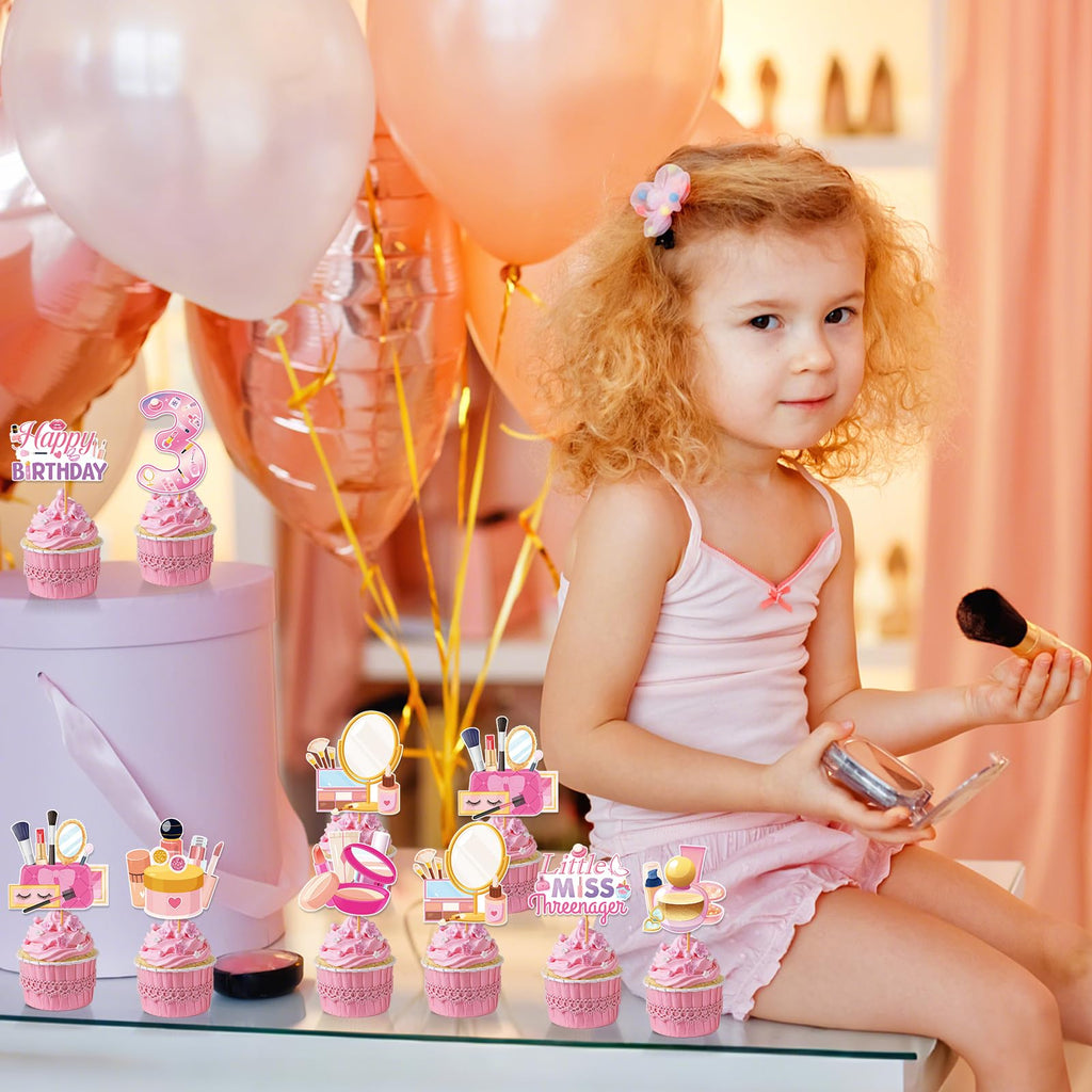 Hokinaa Little Miss Threenager 40-Piece Birthday Cupcake Toppers | Pink Makeup Theme