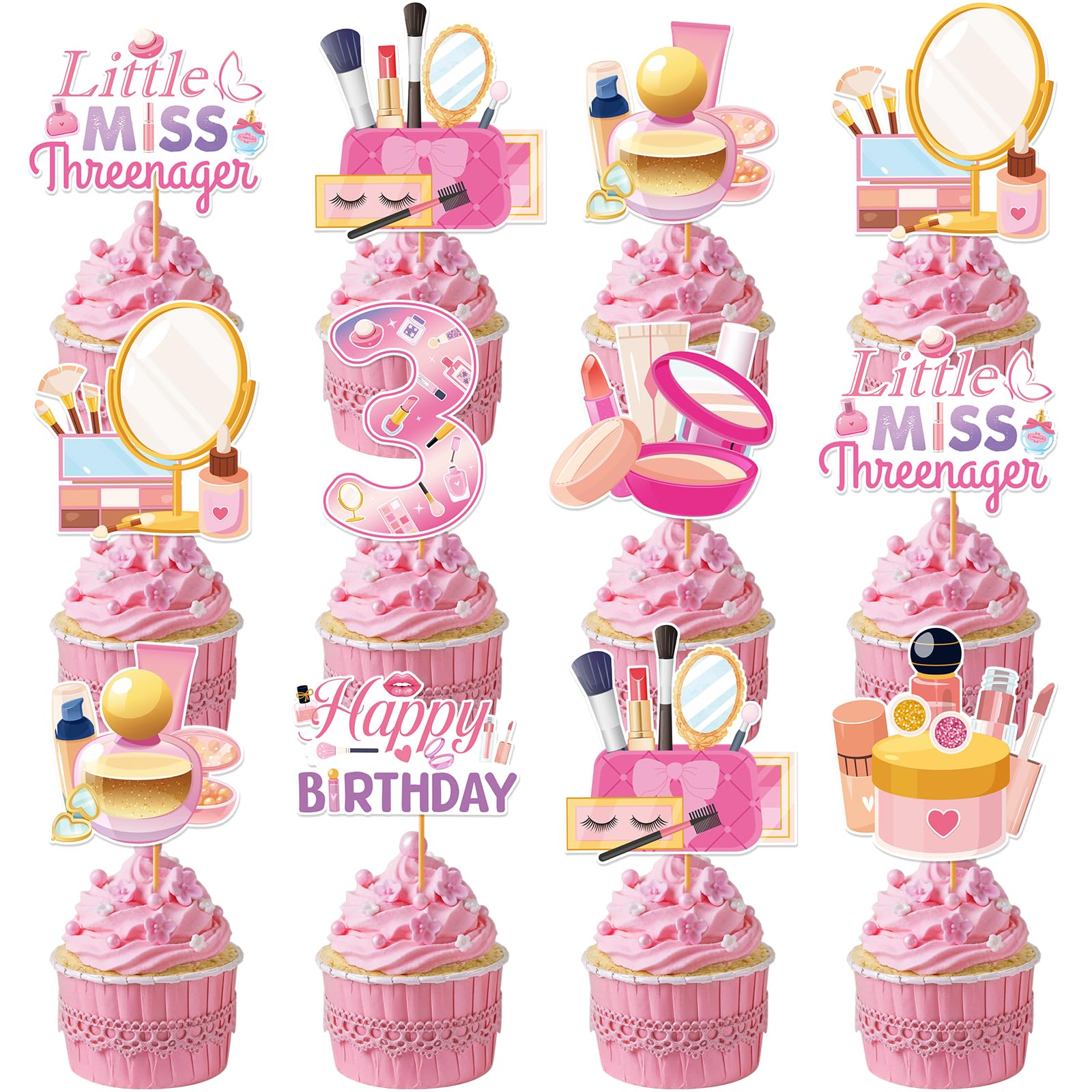 Hokinaa Little Miss Threenager 40-Piece Birthday Cupcake Toppers | Pink Makeup Theme