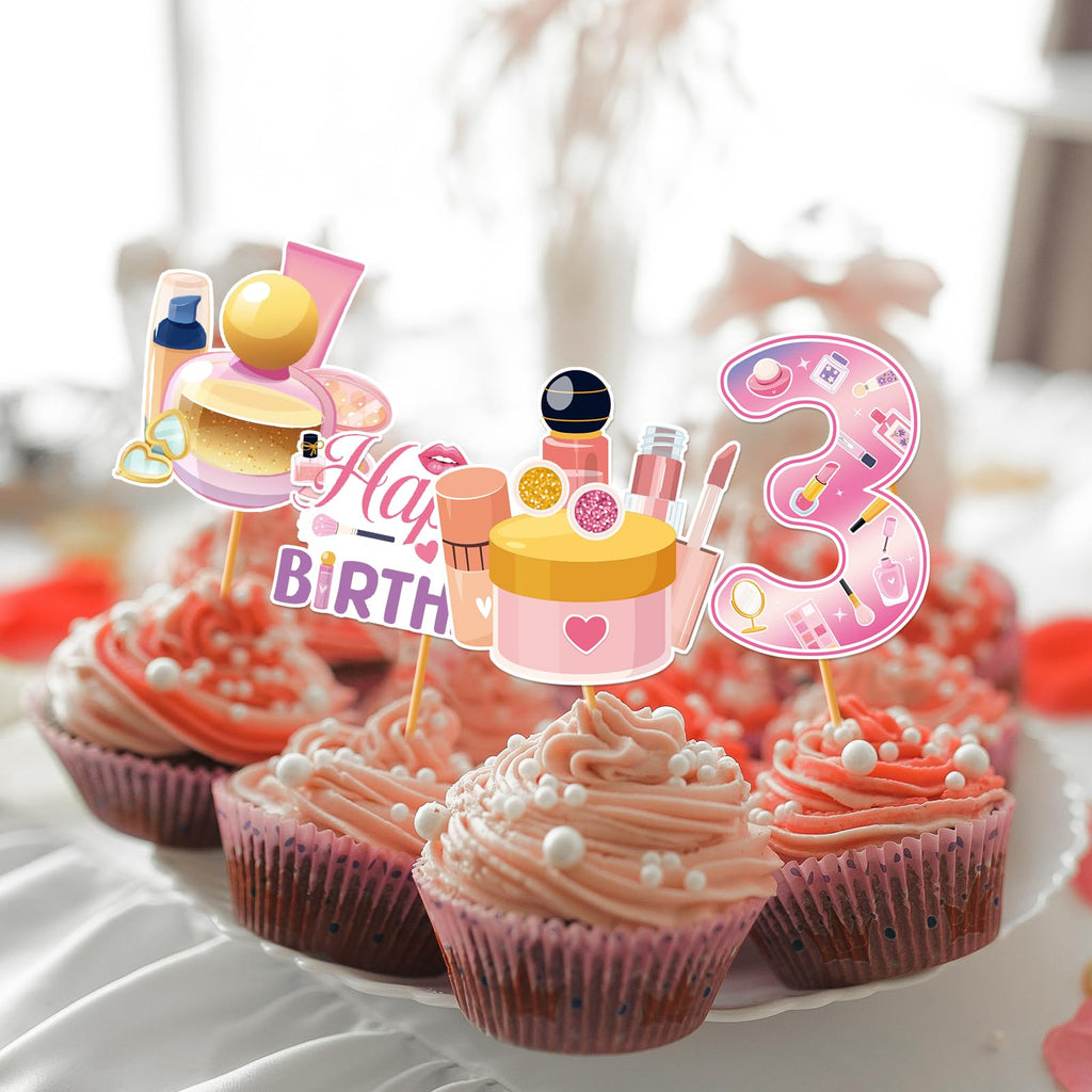 Hokinaa Little Miss Threenager 40-Piece Birthday Cupcake Toppers | Pink Makeup Theme