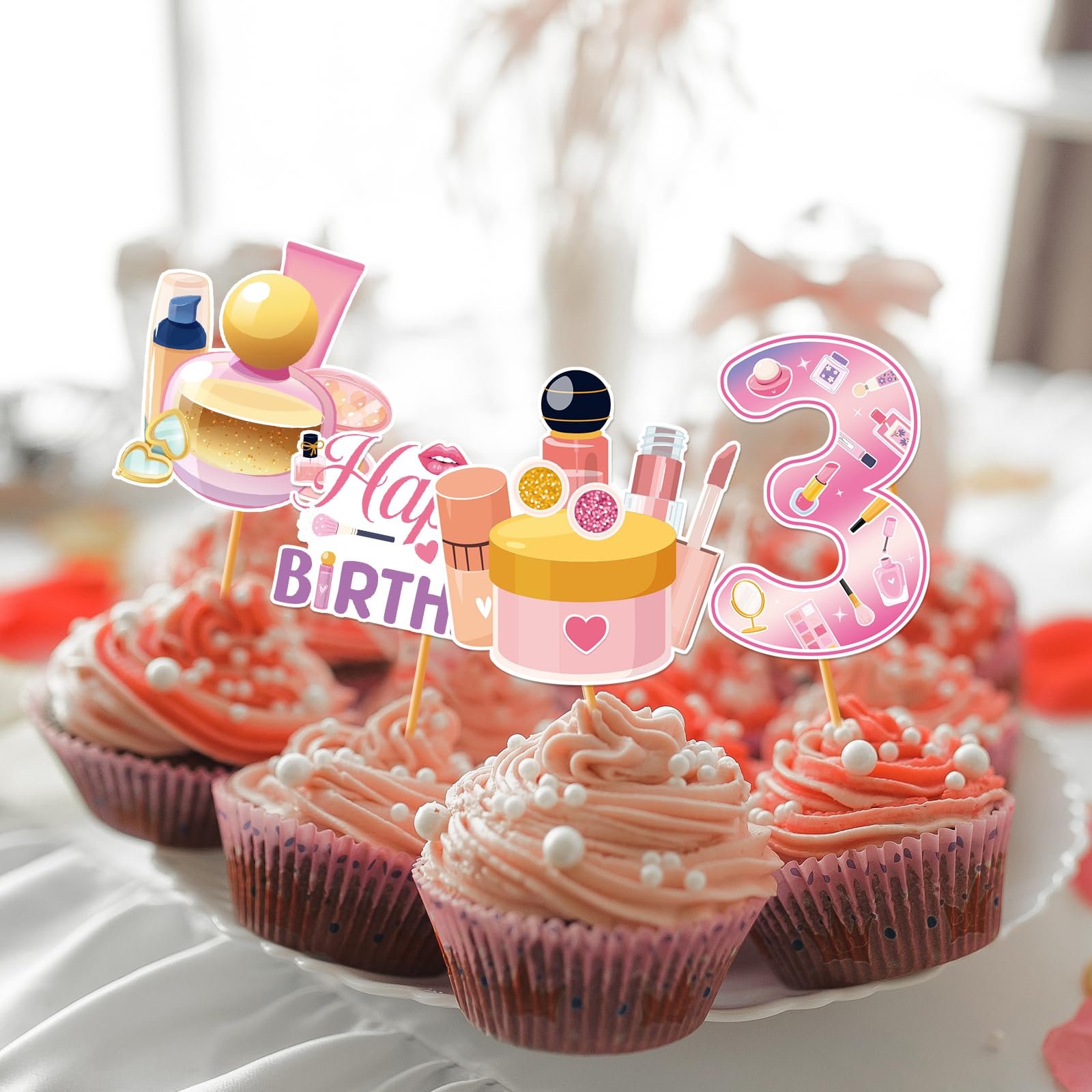 Hokinaa Little Miss Threenager 40-Piece Birthday Cupcake Toppers | Pink Makeup Theme