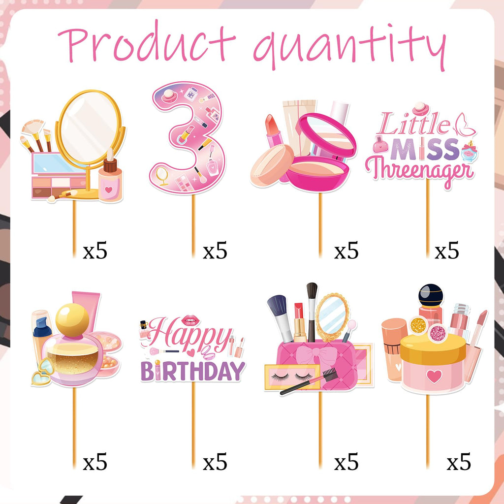 Hokinaa Little Miss Threenager 40-Piece Birthday Cupcake Toppers | Pink Makeup Theme