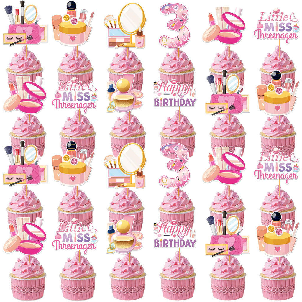 Hokinaa Little Miss Threenager 40-Piece Birthday Cupcake Toppers | Pink Makeup Theme