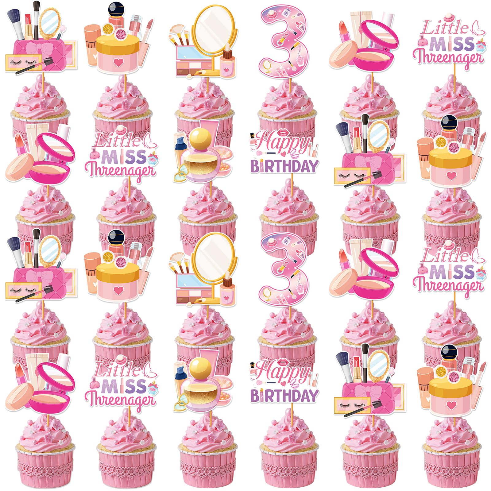 Hokinaa Little Miss Threenager 40-Piece Birthday Cupcake Toppers | Pink Makeup Theme