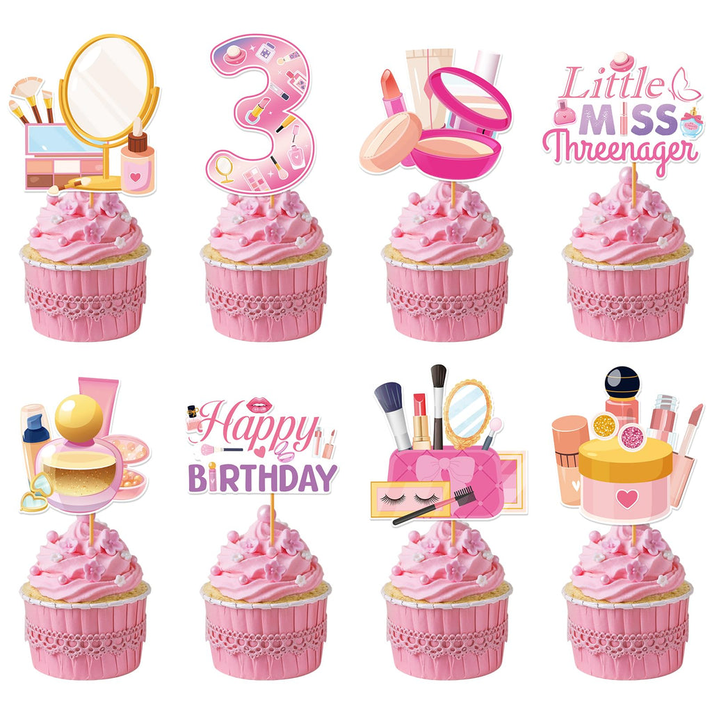 Hokinaa Little Miss Threenager 40-Piece Birthday Cupcake Toppers | Pink Makeup Theme