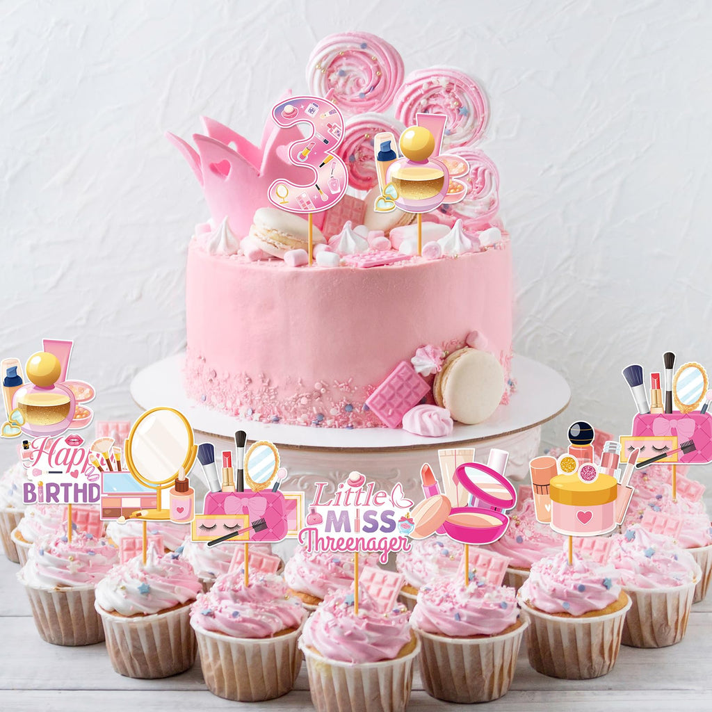 Hokinaa Little Miss Threenager 40-Piece Birthday Cupcake Toppers | Pink Makeup Theme