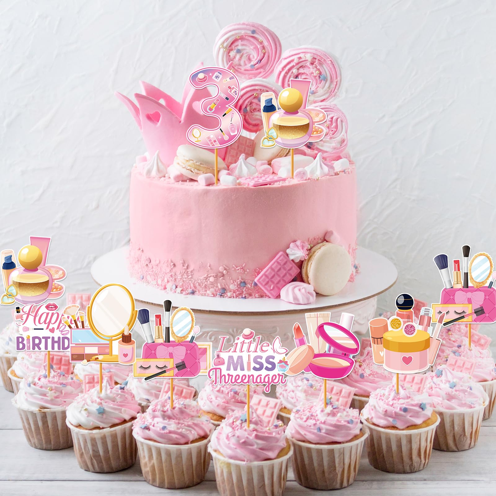 Hokinaa Little Miss Threenager 40-Piece Birthday Cupcake Toppers | Pink Makeup Theme