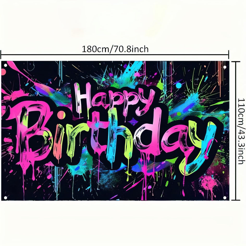 HOMETITUTE Neon Happy Birthday Banner – 71x43 in, Colorful Backdrop, Glow-in-the-Dark Party Decor